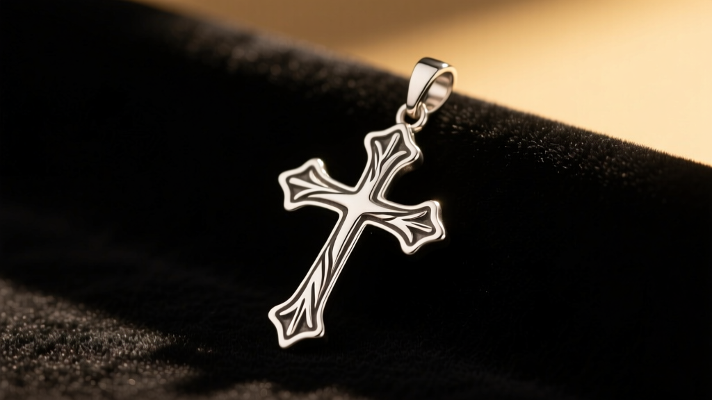 Sterling silver petite latin cross pendant on dark velvet, showing oxidized crevices and polished edges under warm lighting.