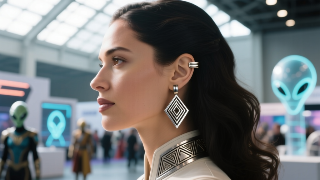 Side-profile of a woman wearing a lightweight, cuff-style Bajoran earring at a sci-fi convention, showing a secure helix fit.