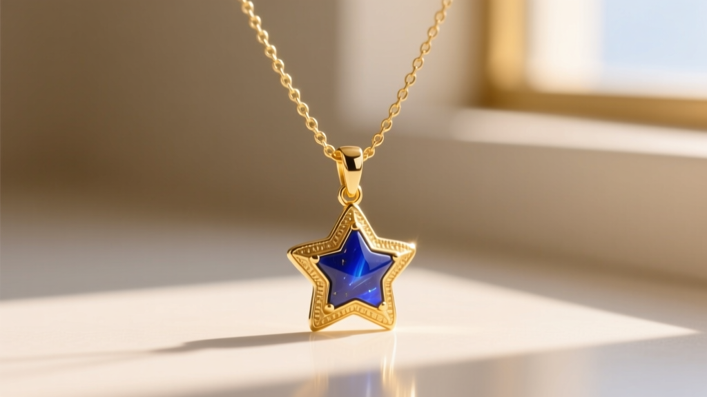 Close-up of a delicate 14k gold vermeil necklace with a small lapis lazuli star pendant, glowing in warm, golden summer sunlight.