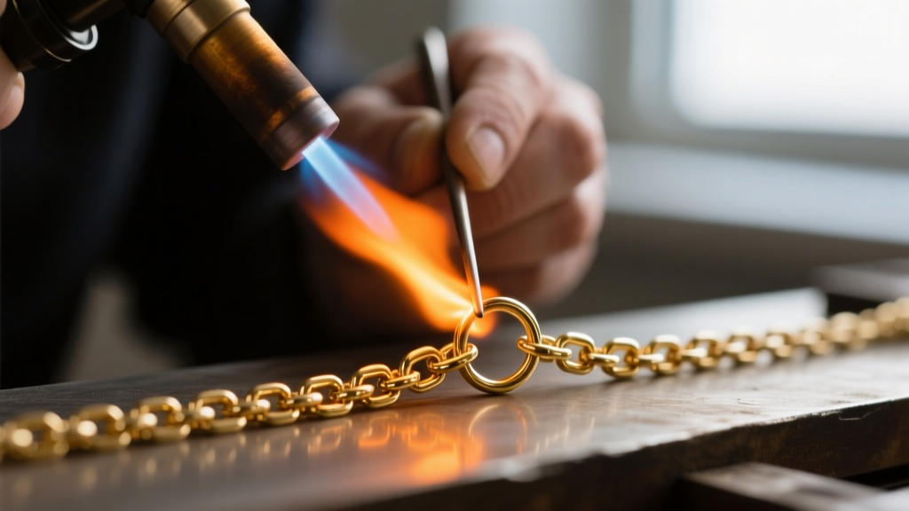 Macro shot of a jeweler soldering a tiny split jump ring on a delicate gold chain, with bright orange torch flames clearly visible