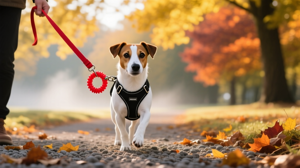 A Jack Russell being walked with a red long leash, harness, and a ring chew toy in an autumnal park