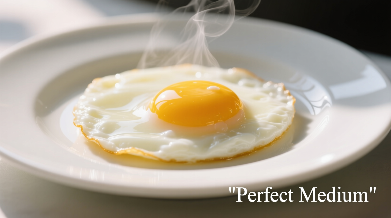 Perfect over medium eggs on white plate with runny yolk