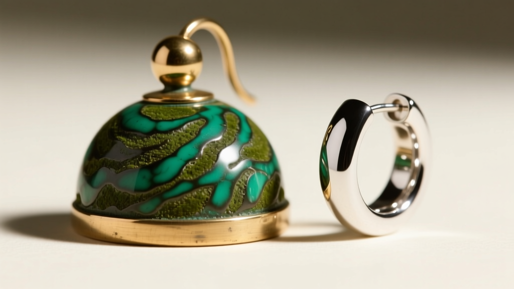 Macro shot of a brass Jacla earring dome showing green patina next to a bright German silver alloy earring with high metal polish.
