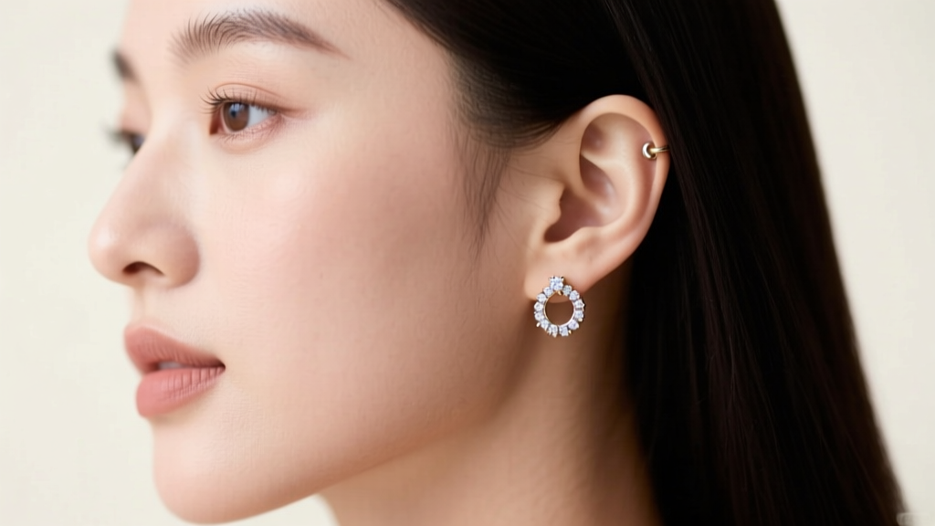 Side profile of a woman wearing a 10mm white gold diamond huggie earring securely fitted on an upper helix cartilage piercing.