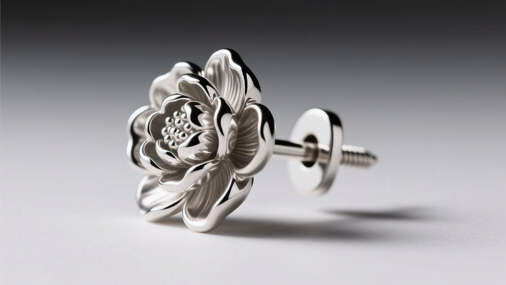 Side profile of a 20-gauge sterling silver peony earring post featuring a secure screw-back clutch, illuminated by studio light.