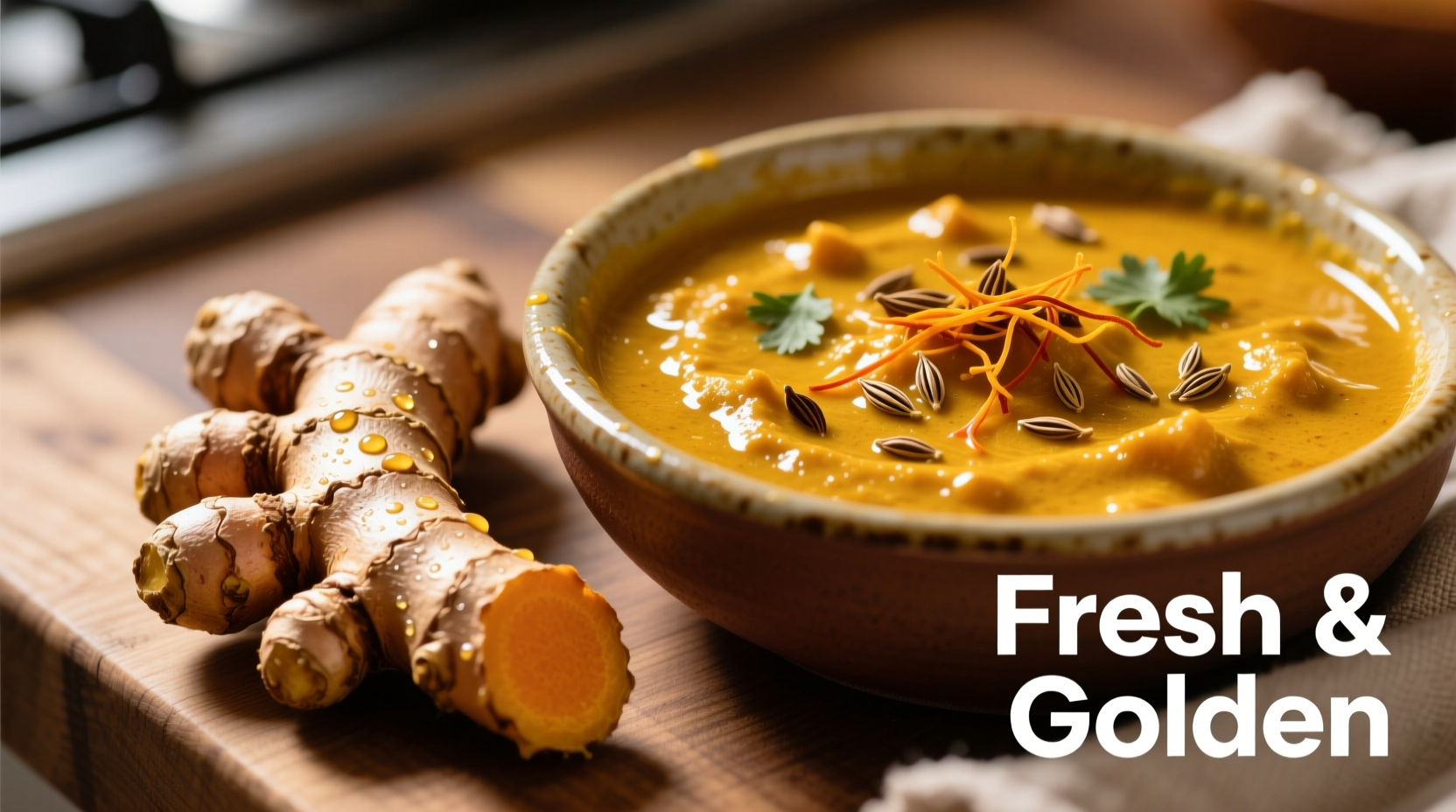 Fresh turmeric root next to golden curry