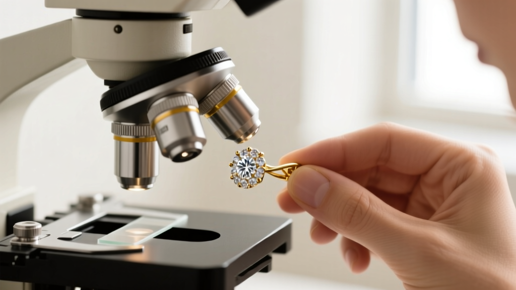 Jeweler inspecting prong tension on a micro-pave cluster diamond earring via microscope, highlighting precise metalwork details.