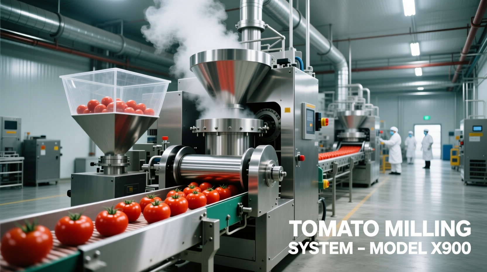 Commercial tomato milling machine in food processing facility