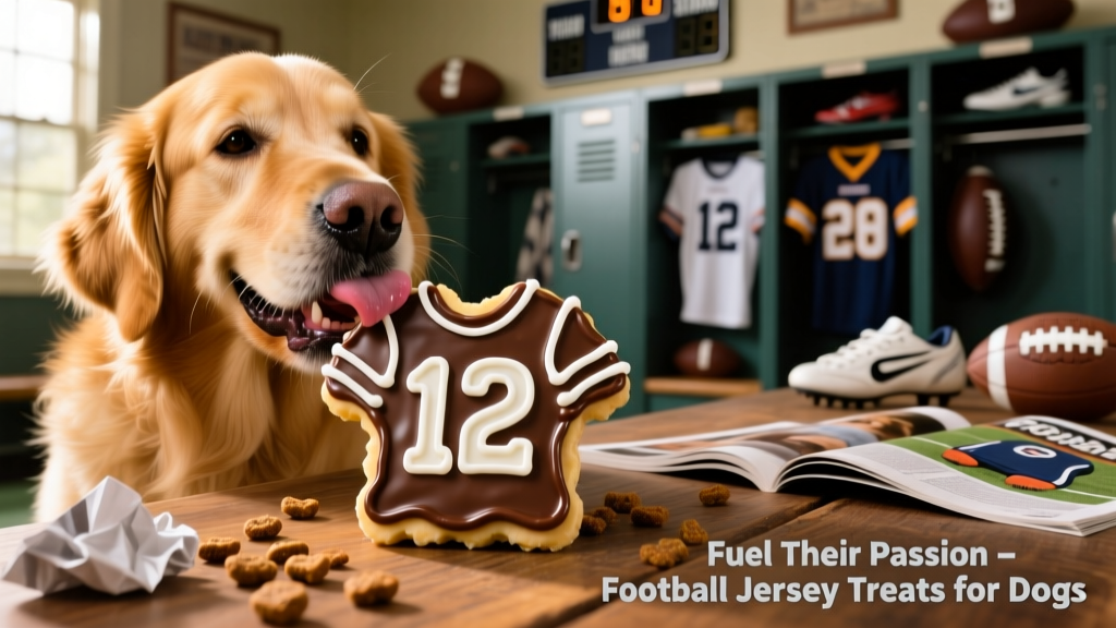 Close-up of a dog happily licking a freshly frosted football jersey treat with visible stripes and number detail