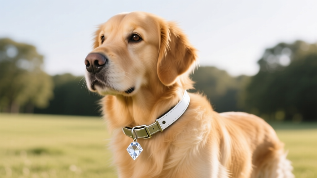 A golden retriever wearing a safe magnetic collar charm with a clear crystal, showing ethical pet accessories in bright daylight