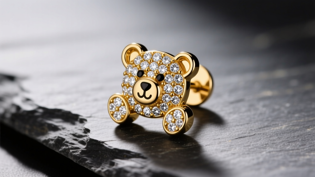 Close-up of 18k gold TOUS bear stud earring on slate, showing pavé diamond setting and polished finish under soft studio light.