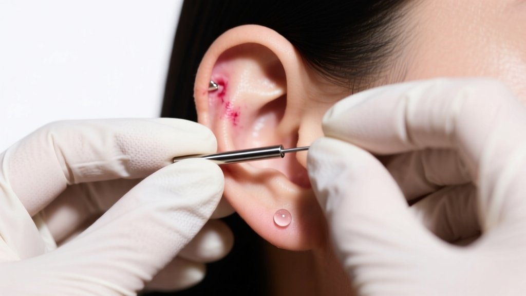 Gloved hands inserting an implant-grade titanium labret stud into a freshly healed earlobe piercing under bright studio lighting