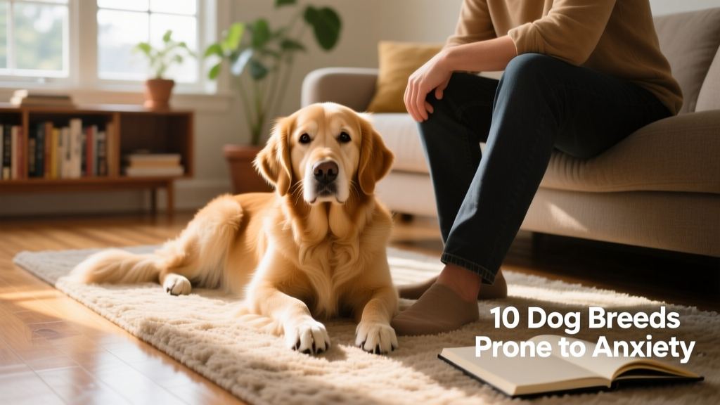 A calm but alert dog resting beside its owner on a sunlit living room floor