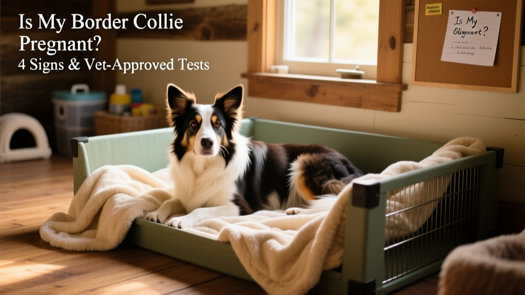 Border Collie gently resting in a cozy, prepared whelping box with soft blankets