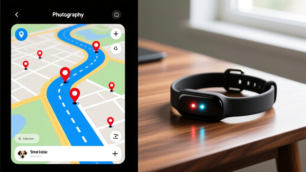 Split-screen comparison showing a GPS tracker map view with live tracking enabled and a smart dog collar resting on a wooden desk