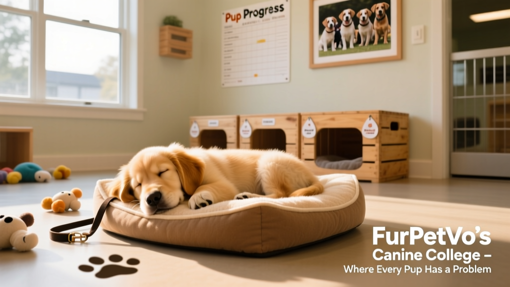 A calm, happy dog napping peacefully after a fun day at FurPetVo's Canine College