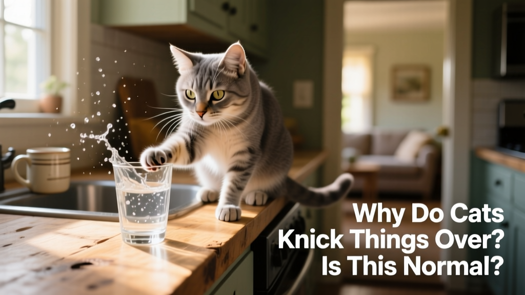 A curious cat gently tapping a glass of water off a kitchen counter with its paw