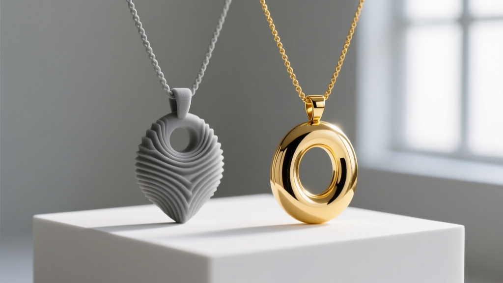Side-by-side comparison of a raw gray 3D printed castable resin necklace pendant and the final polished 18k yellow gold cast item