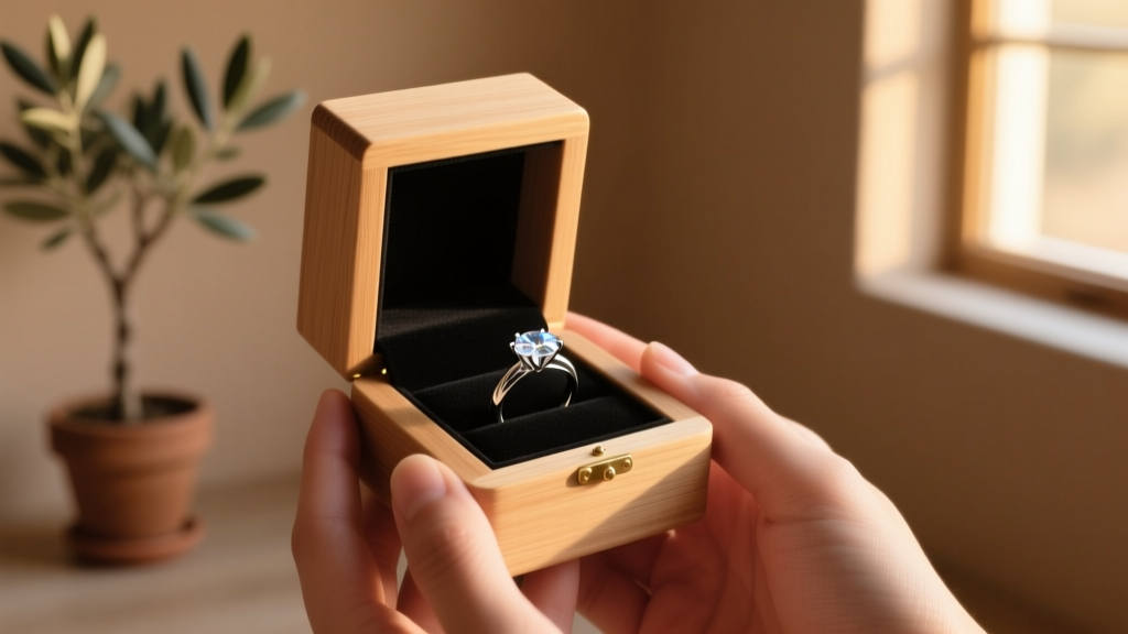 Hands gently presenting a wooden box with a lab-grown diamond ring made from ashes, illuminated by soft, warm natural lighting.