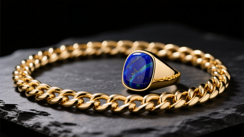 Solid 14k gold 5mm Cuban link chain and lapis lazuli signet ring displayed on dark slate under warm, moody studio lighting