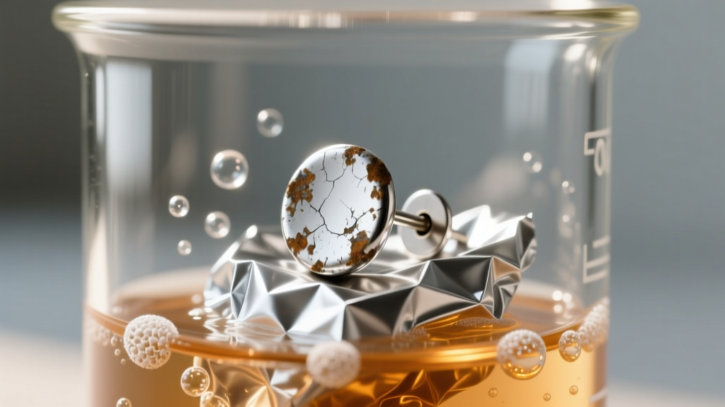 Macro shot of a tarnished silver earring post on aluminum foil in a glass beaker, surrounded by bubbling baking soda and hot water
