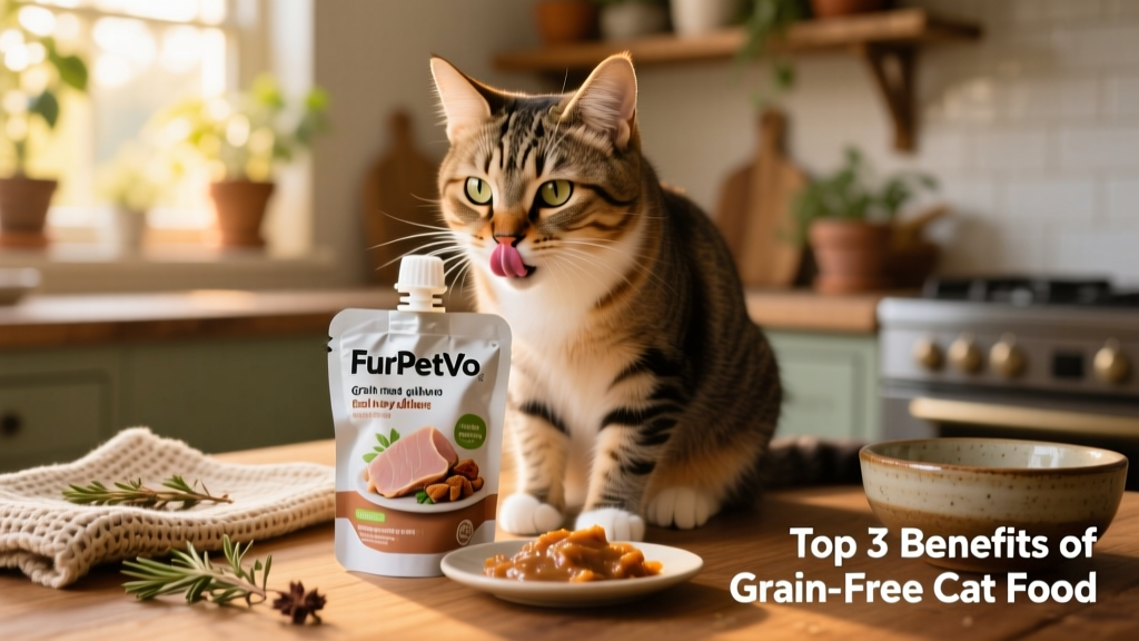 A happy cat licking its lips after eating from a FurPetVo grain-free wet food pouch featuring turkey and giblets