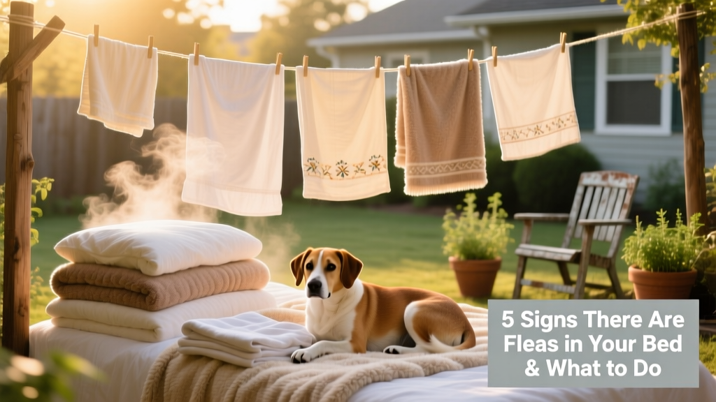 Stack of freshly washed, steaming-hot bedding and pet blankets drying on a sunny clothesline