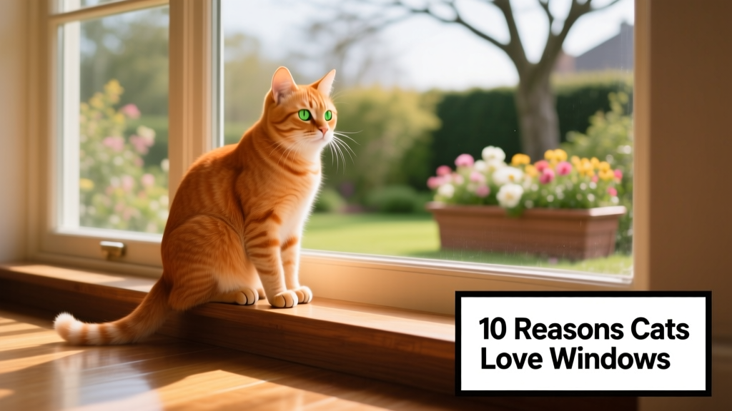 A ginger cat perched on a sunny windowsill, paws tucked neatly, gazing outside