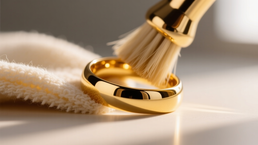 Soft microfiber cloth buffing a 14k yellow gold wedding band to reveal a mirror finish, soft natural lighting, macro detail.
