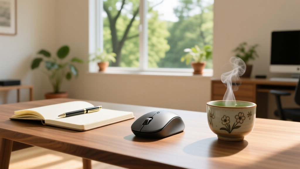 Ergonomic vertical mouse resting on a wooden desk next to a notebook and a cup of matcha tea in a bright sunlit home office