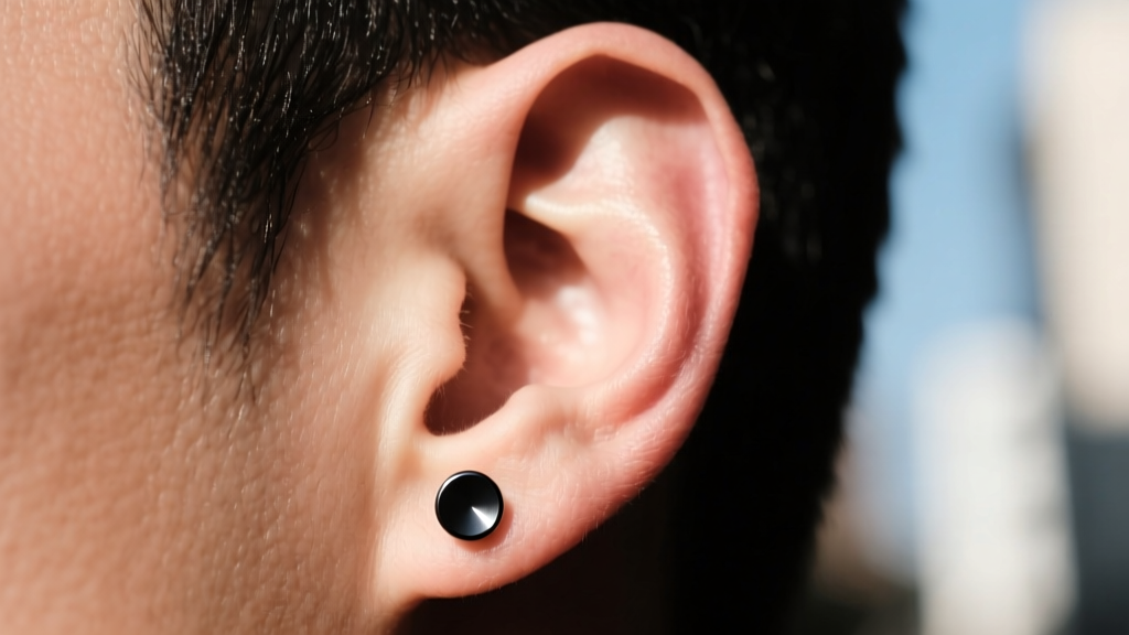 Close-up of a male earlobe wearing a 3mm black titanium flat-back stud in bright daylight with a blurred background.