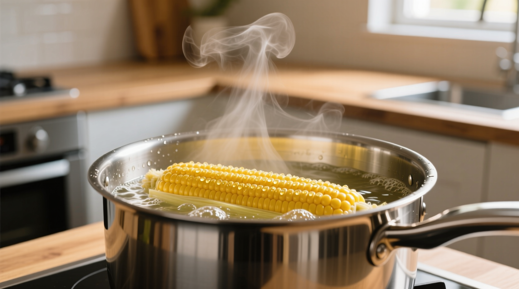 Fresh corn boiling in stainless steel pot