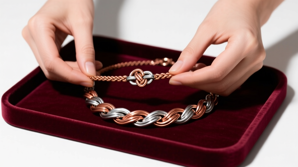 Hands untangling a sliding macrame clasp on a mixed-metal wanderer necklace over a velvet jewelry tray, bright studio lighting