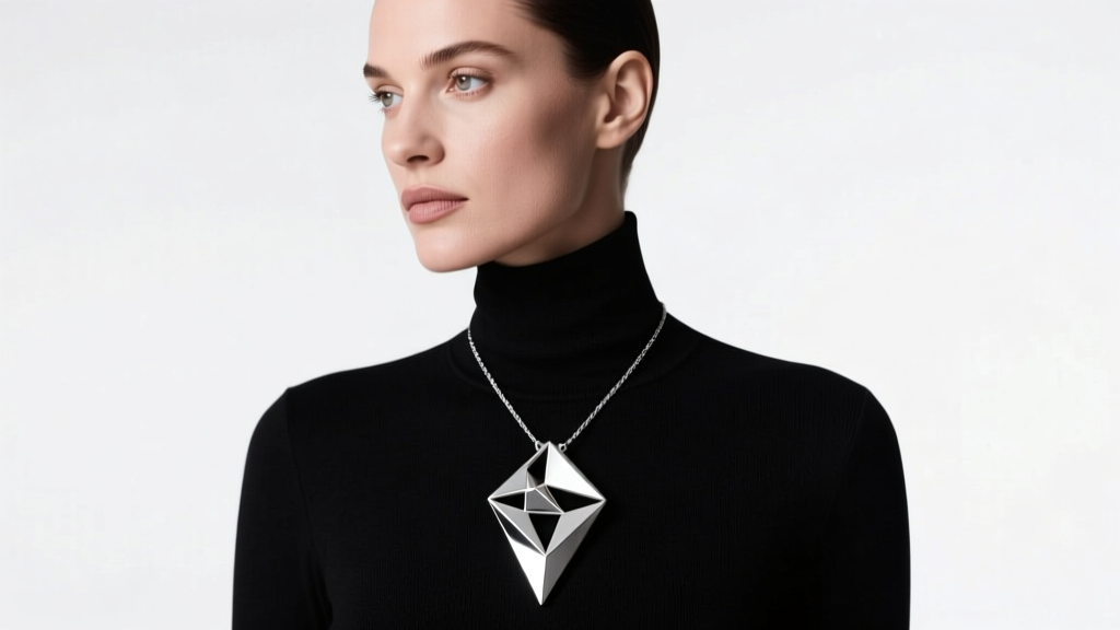 Woman wearing a bold geometric sterling silver Klaus sculptural pendant over a black turtleneck in soft studio lighting.