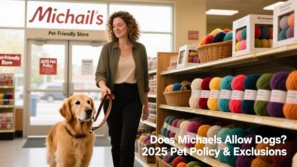 A shopper holding a small reusable bag while gently guiding their calm, leashed dog past a display of yarn and knitting supplies