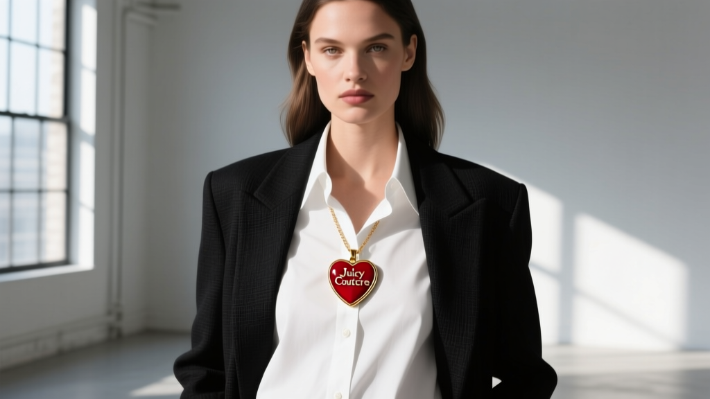 Model wearing a vintage Juicy Couture heart pendant over a crisp white oversized button-down shirt and a structured black blazer