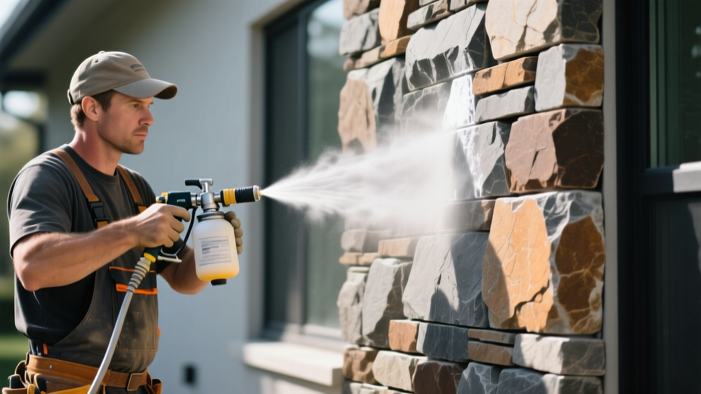 Mason applying penetrating siloxane sealer to rugged quarry-faced rough cut stone veneer exterior wall using a low-pressure pump sprayer