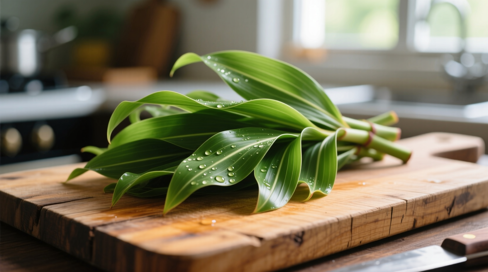 Fresh pandan leaves on wooden cutting board