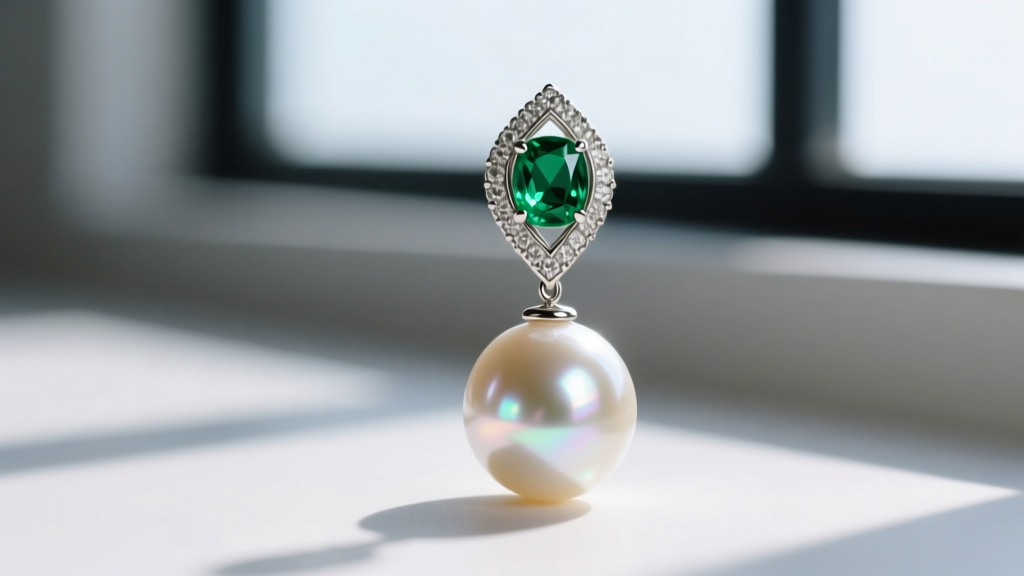 Macro shot of a pearl and emerald drop earring, showing the V-prong setting on the emerald and a lustrous Akoya pearl below.