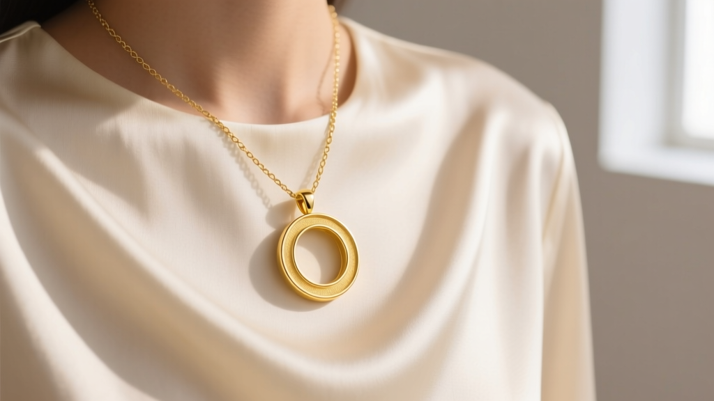 14k yellow gold circle pendant on a 1.2mm box chain resting against a cream silk blouse in soft natural lighting