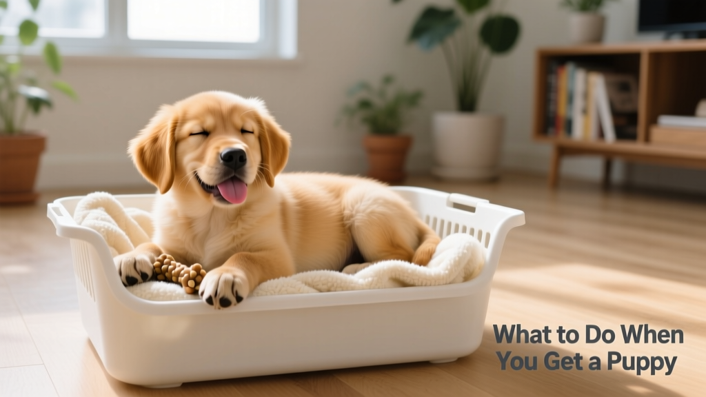 A relaxed, happy puppy resting comfortably inside a properly sized crate with a soft blanket and chew toy