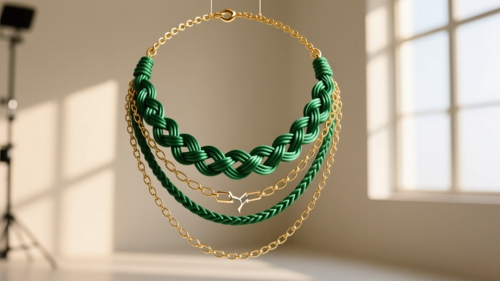 Layered necklace featuring a broken gold chain repaired with vibrant emerald green silk cord and intricate macrame knot details