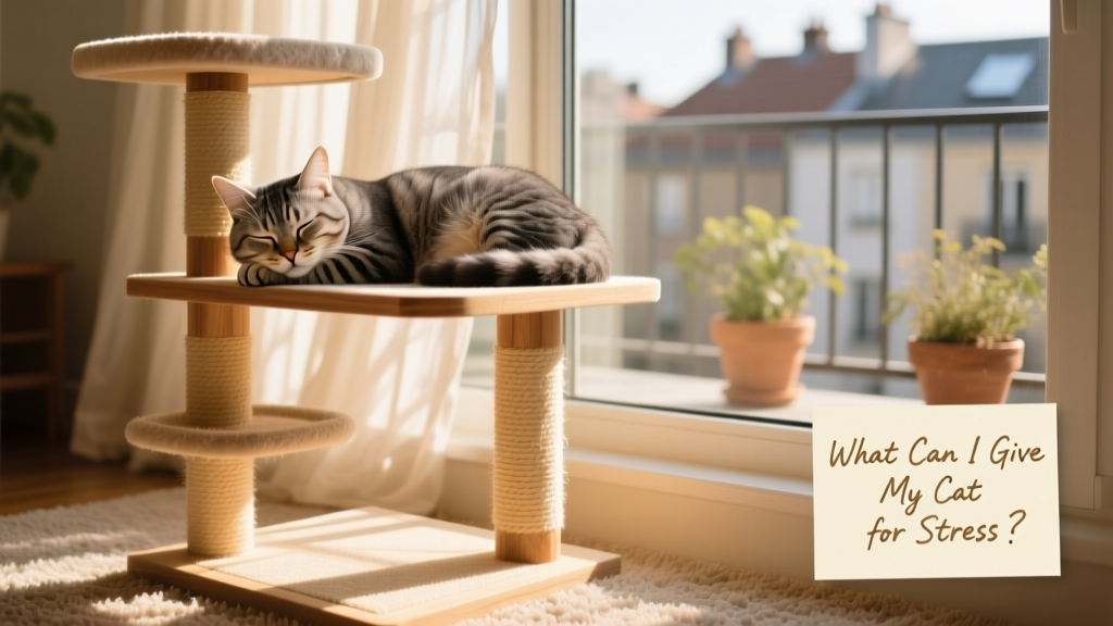Cat comfortably napping in a multi-level cat tree near a sunlit window