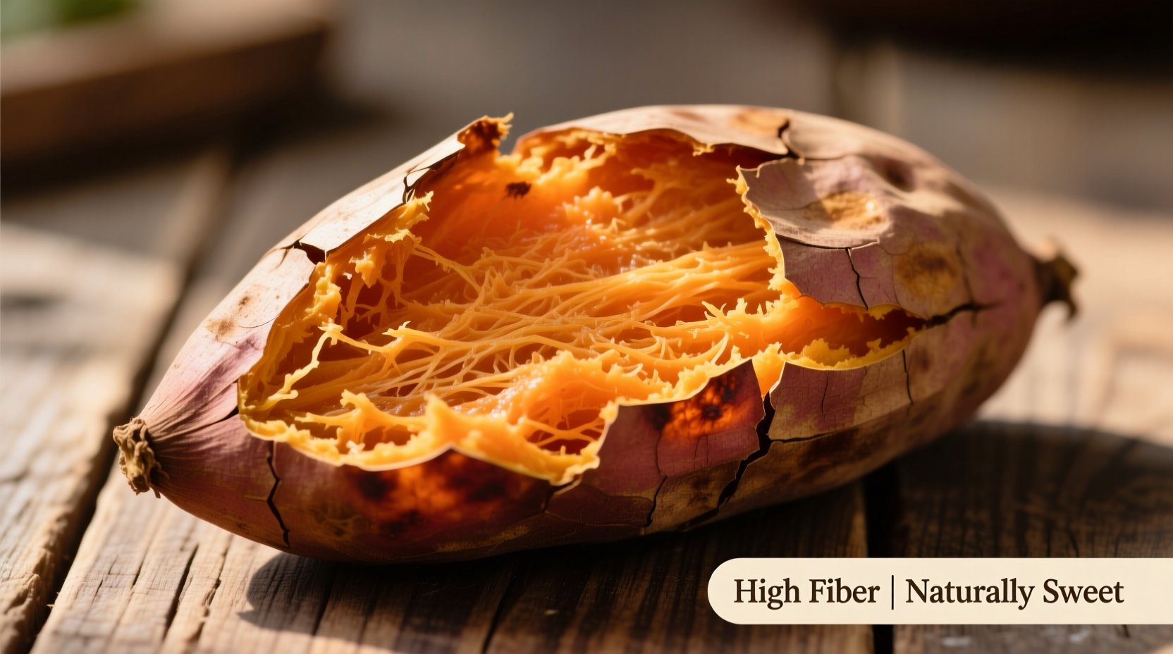 Baked sweet potato with skin showing fiber content