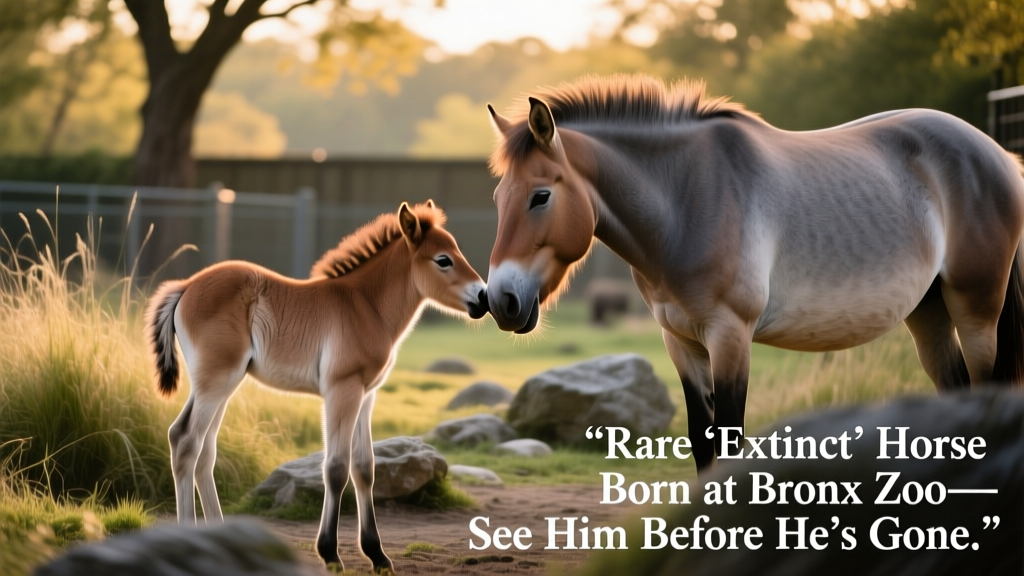 Przewalski's horse foal nuzzling its mother in naturalistic enclosure