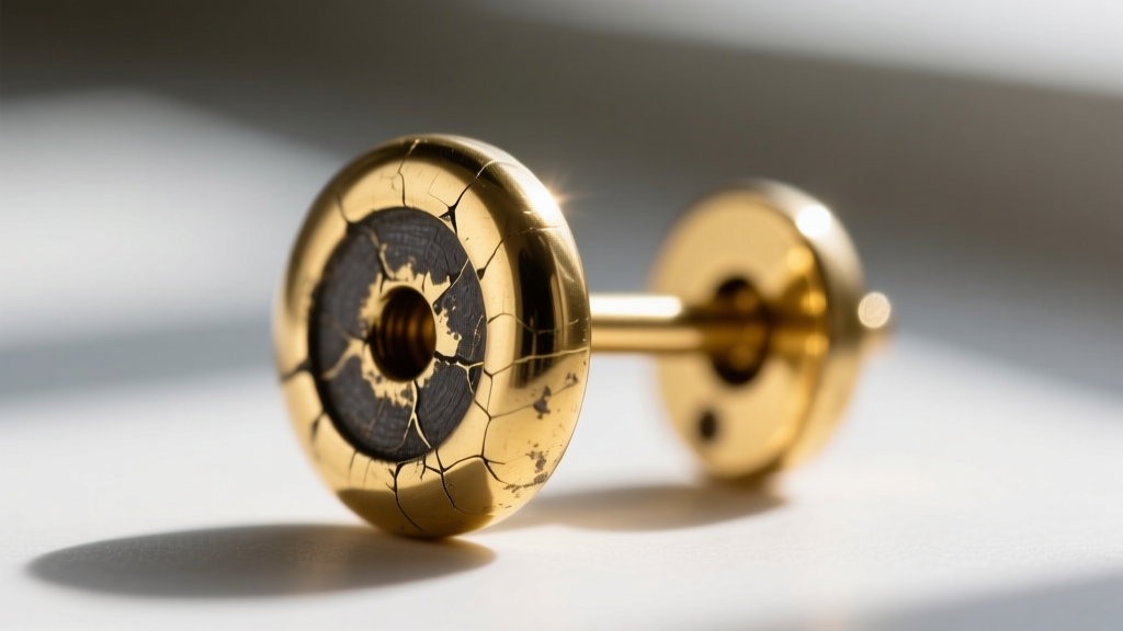Extreme close-up of a gold-plated brass earring post showing microscopic wear and exposed dark base metal at the friction point.
