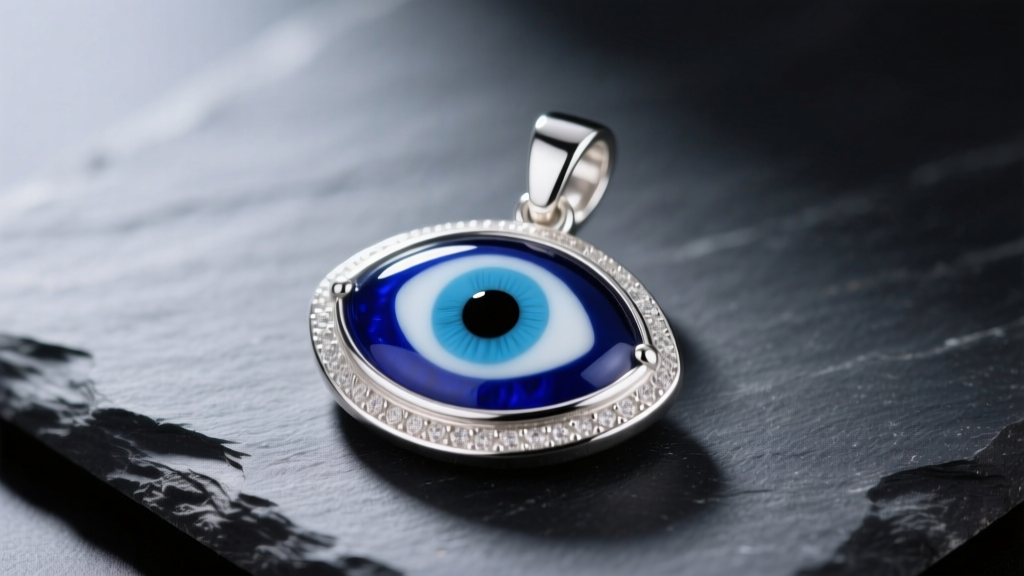 Macro shot of a 925 sterling silver evil eye pendant with vibrant blue glass enamel and black onyx center, resting on dark slate
