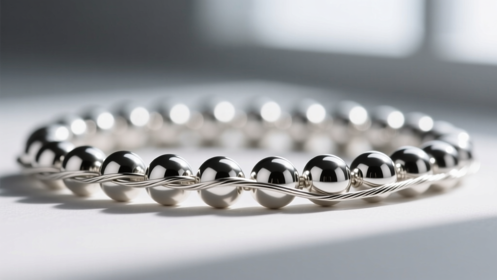 Macro photography of a 49-strand stainless steel micro-wire threaded through polished 6mm round sterling silver beads.