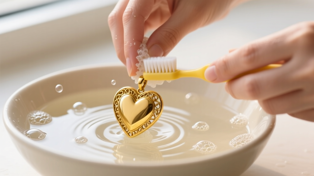 Hands gently scrubbing a vintage yellow gold heart pendant with a soft-bristled baby toothbrush in a bowl of warm soapy water.