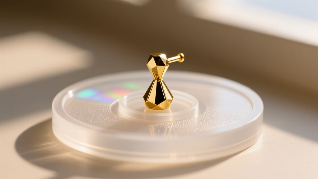 Macro shot of a gold earring post on a transparent medical-grade silicone stabilizer disc designed for heavy statement jewelry